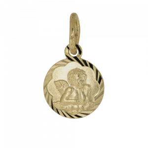 57994 - Schutzengel in Gelbgold mit Bogenrand, diamantiert, Taufkette, Taufanhänger, Engel, Gold, Glanz, Kettenanhänger